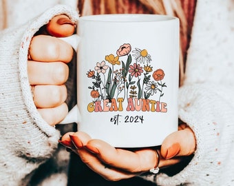 Great Auntie Mug, Pregnancy Announcement Mug, Promoted to Great Aunt New Auntie Gift, New Baby Reveal Retro Wildflowers, Great Aunt est 2024