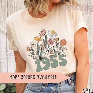 Chemise 1955, chemise 70e anniversaire, fleurs sauvages 1955 année de naissance numéro chemise pour femme, t-shirt d&#39;anniversaire, cadeau pour l&#39;âge de 70 ans, chemises vintage 1955