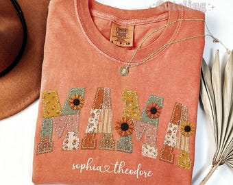 Personalized Mama Shirt With Kids Names Comfort Colors® Mama TShirt Fall Mama Shirt Faux Embroidery Custom Mom Gift Not Real Embroidery