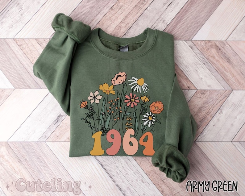 Wildflowers 1964 Sweatshirt 60th Birthday Sweatshirt Wildflowers 1964 Birth Year Number Sweatshirt Women Turning 60 Gift Plus Size Sweater image 1