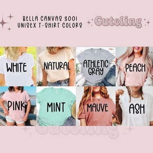 May include: A collage of Bella Canvas 3001 unisex t-shirts in various colors, including white, natural, athletic gray, peach, pink, mint, mauve, and ash.