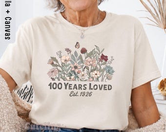 Camiseta de 100º cumpleaños, Camiseta "100 años de amor", Año de nacimiento 1926, Regalo de 100º cumpleaños para abuela, Regalo de cumpleaños para mamá, Regalo floral de cumpleaños, Tallas grandes