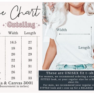 May include: Size chart for unisex t-shirts from Bella + Canvas 3001. The chart shows measurements in inches for width and length for sizes XS to 3XL.  These are unisex fit t-shirts. For women, we recommend ordering a size down for a fitted look, or your regular size for a relaxed t-shirt fit. For men, we recommend your regular size for a fitted look and 1 size up for a relaxed t-shirt fit.