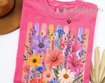 Floral Brushstroke Comfort Colors® Shirt, Daisy Cottagecore Shirt Wildflower Bouquet Spring Summer Shirt for Women