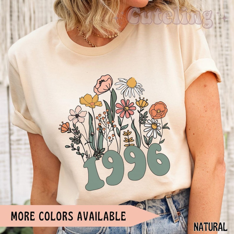 1996 Shirt, 30th Birthday Shirt, Wildflowers 1996 Birth Year Number Shirt for Women, Birthday TShirt, Turning 30 Gift, 1996 plus size tops image 1