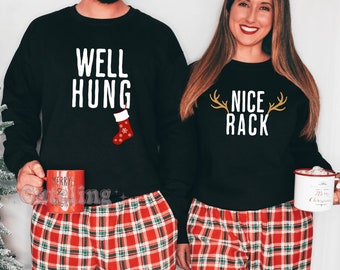 Couples Matching Christmas Shirts, Funny Christmas Shirts Well Hung Shirt Nice Rack TShirt Couples Matching Hoodies Xmas Party Plus Size Tee