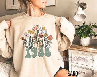 Sudadera Wildflower 1986, sudadera para 40 cumpleaños, camiseta con el número del año de nacimiento de 1986 para mujer, sudadera de cumpleaños para cumplir 40 años, regalo para tu mejor amiga