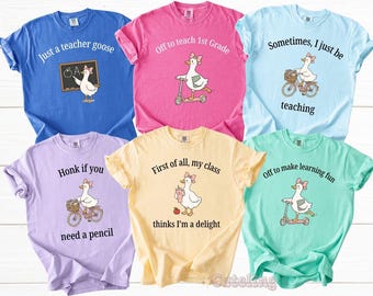 Camiseta divertida de ganso para profesores, camisetas para profesores para la vuelta al cole, camisetas a juego para el equipo de profesores, camisetas de grupo Comfort Colors para profesores, primer día de clase.