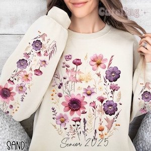 Senior 2025 Sweatshirt, Vintage Pressed Flowers Sweatshirt, Boho Cottagecore Crewneck, Cadeau voor Senior 2025, Botanische Bloemen Sweatshirt