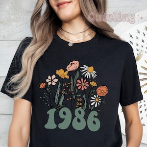 1986 Shirt, 40th Birthday Shirt, Wildflowers 1986 Birth Year Number Shirt for Women, Birthday TShirt, Turning 40 Gift, 1986 plus size tops image 4