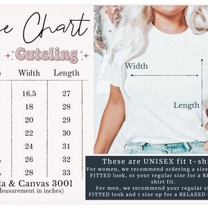 May include: Size chart for unisex t-shirts from Bella + Canvas 3001. The chart shows measurements in inches for width and length for sizes XS to 3XL.  These are unisex fit t-shirts. For women, we recommend ordering a size down for a fitted look, or your regular size for a relaxed t-shirt fit. For men, we recommend your regular size for a fitted look and 1 size up for a relaxed t-shirt fit.