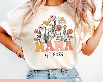 Camiseta para mamá primeriza, camiseta con flores silvestres, camiseta con colores cómodos, camiseta vintage para mamás de 2026, regalo para el Día de la Madre con anuncio de embarazo.