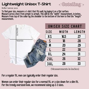 May include: A unisex t-shirt size chart with measurements in inches. The chart shows the width and length of the shirt in different sizes, from XS to 3XL. The chart is on a white background with pink text.