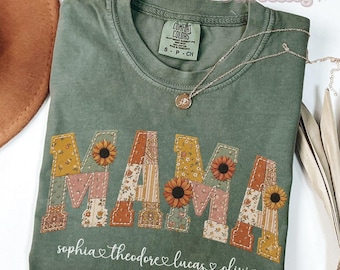 Personalized Mama Shirt With Kids Names Comfort Colors® Mama TShirt Fall Mama Shirt Faux Embroidery Custom Mom Gift Not Real Embroidery