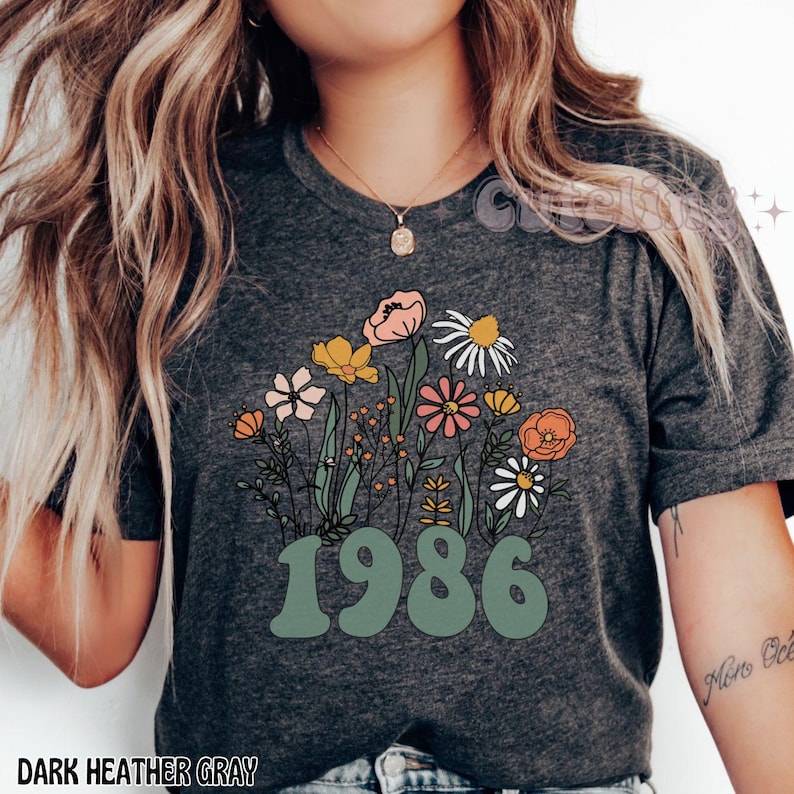 1986 Shirt, 40th Birthday Shirt, Wildflowers 1986 Birth Year Number Shirt for Women, Birthday TShirt, Turning 40 Gift, 1986 plus size tops image 2