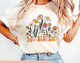 Camiseta de hermana mayor, camiseta de flores silvestres para hermana mayor, camiseta de "Ascendida a hermana mayor", camiseta de "Hermana Est. 2025", regalo de revelación de embarazo para hermano mayor