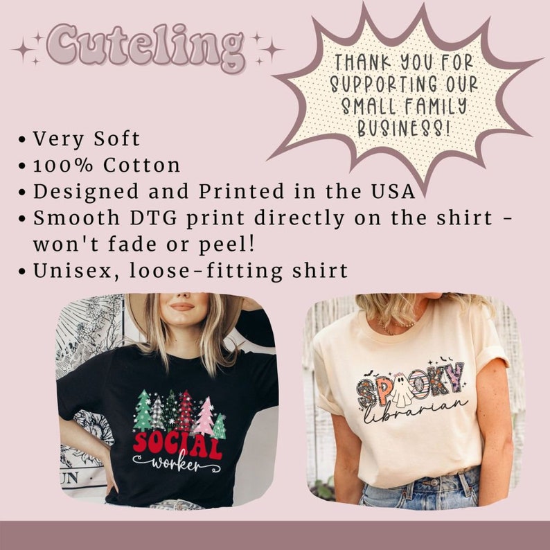 May include: Two women wearing t-shirts with different designs. The first shirt is black with a Christmas tree design and the text "Social Worker". The second shirt is beige with a ghost design and the text "Spooky Librarian".