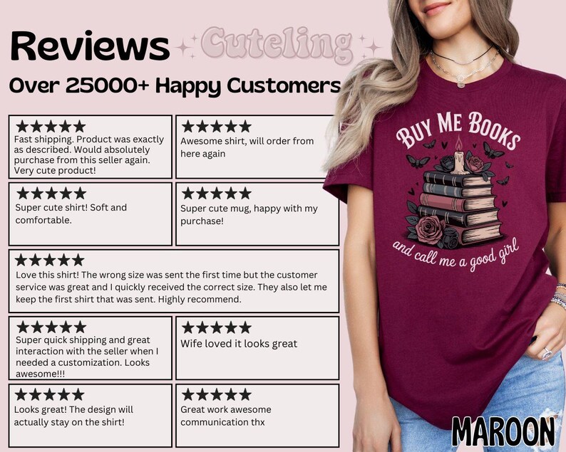 May include: Maroon t-shirt with the text "BUY ME BOOKS and call me a good girl." The shirt features a graphic of stacked books, roses, and butterflies. The shirt is a casual style.