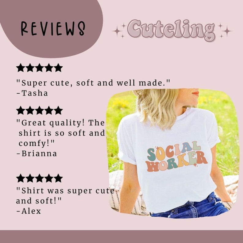 May include: A white t-shirt with a colorful "SOCIAL WORKER" graphic in a retro style. The shirt is being worn by a person with blonde hair. The image includes customer reviews praising the shirt's quality and cuteness.