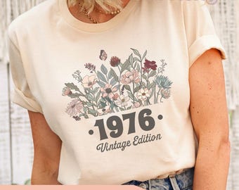 1976 Shirt, 50th Birthday Shirt, Flower 1976 Birth Year Number Shirt for Women, Birthday TShirt, Turning 50 Gift, 1976 plus size tops