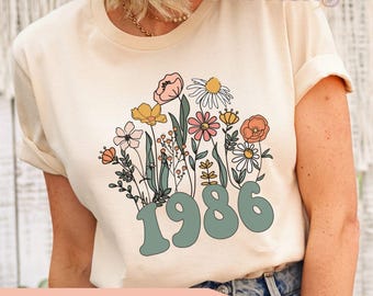 1986 Shirt, 40th Birthday Shirt, Wildflowers 1986 Birth Year Number Shirt for Women, Birthday TShirt, Turning 40 Gift, 1986 plus size tops