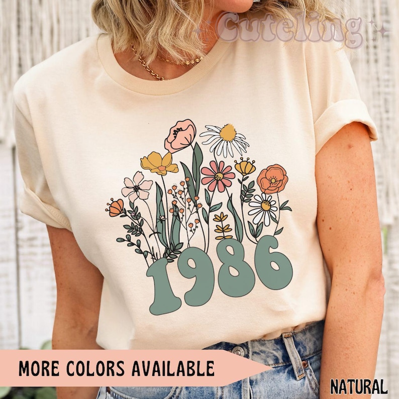1986 Shirt, 40th Birthday Shirt, Wildflowers 1986 Birth Year Number Shirt for Women, Birthday TShirt, Turning 40 Gift, 1986 plus size tops image 1