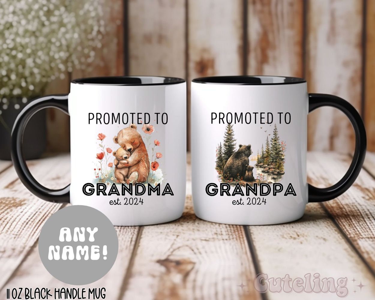 Heulinwen Grandparent Announcement Mugs - Promoted To Grandma & Grandpa 2024 Set