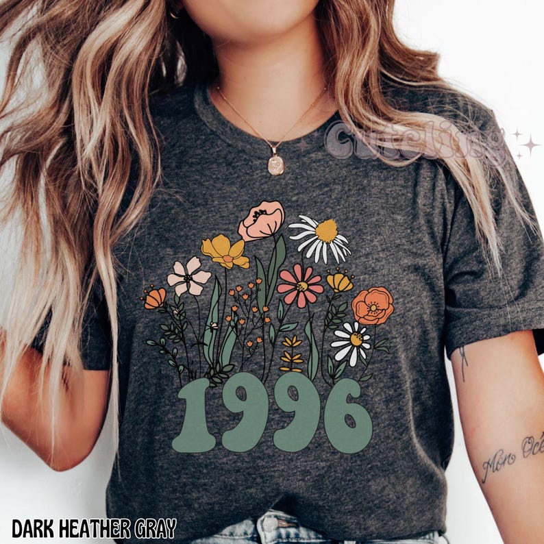 1996 Shirt, 30th Birthday Shirt, Wildflowers 1996 Birth Year Number Shirt for Women, Birthday TShirt, Turning 30 Gift, 1996 plus size tops image 3