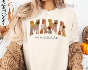 Personalized Mama Shirt With Kids Names Comfort Colors® Mama TShirt Fall Mama Shirt Faux Embroidery Custom Mom Gift Not Real Embroidery