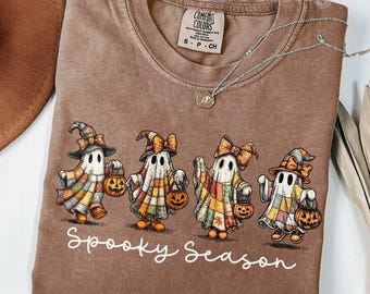 Shirt Halloween patchwork spook, trendy patchwork griezelig spookshirt, schattig griezelig seizoen-coquette-shirt, herfst Ghost-shirt griezelig seizoen T-shirt