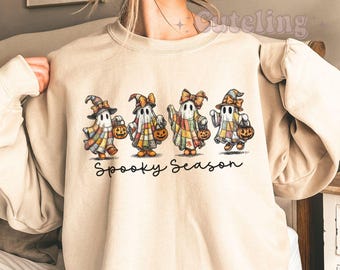 Spooky Season Sweater Halloween Sweatshirt Womens Halloween Shirt Patchwork Ghost Cute Fall Sweater Gift For Halloween Hoodie Retro Ghost