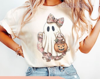 Shirt Halloween patchwork spook, trendy patchwork spookachtig spookshirt, shirt schattig boe-geroep Ghost Coquette, shirt herfstpompoen, T-shirt spookachtig seizoen