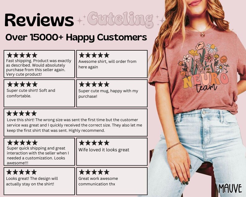 Puede incluir: Un collage de rese&ntilde;as positivas de clientes para un producto con un gr&aacute;fico de un ramo de flores y el texto "Neuro Team". Las rese&ntilde;as destacan la calidad del producto y el servicio al cliente del vendedor.