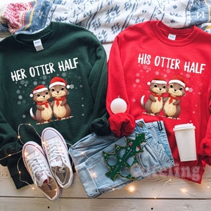 Couples Christmas Sweaters, Couple Christmas Pajamas Couple Sweatshirts Otter Puns Matching Christmas Shirts Funny Ugly Sweater Party Tees