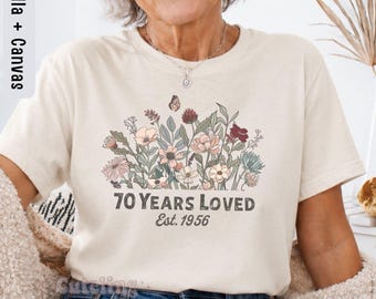 Camiseta de 70 cumpleaños, Camiseta "70 años amado", Camiseta "Est. 1956", Regalo de 80 cumpleaños para mamá, Camiseta floral de cumpleaños, Regalo de 70 cumpleaños para mujer, Camiseta vintage de 1956