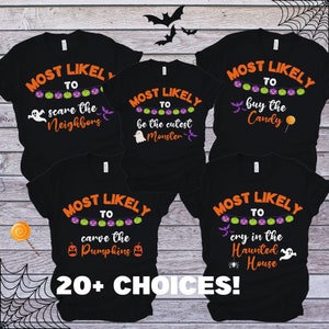 Matching Family Halloween shirts, Most Likely to Halloween tees, Funny Halloween Pajamas Outfits for siblings, Halloween photo props