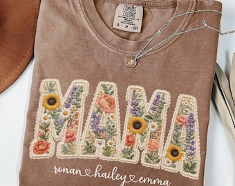 Personalized Mama Shirt With Kids Names Comfort Colors® Mama TShirt Gift For Mothers Day Faux Embroidery Custom Mom Gift Not Real Embroidery