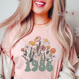 1986 Shirt, 40th Birthday Shirt, Wildflowers 1986 Birth Year Number Shirt for Women, Birthday TShirt, Turning 40 Gift, 1986 plus size tops image 5