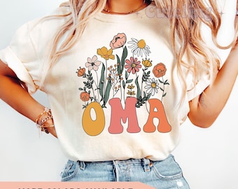 Oma-tröja, bekväma färger mormor-t-shirt, ny oma-tröja, blommig mors dag-present, graviditetsmeddelande, oma est 2026 tysk mormor-t-shirt