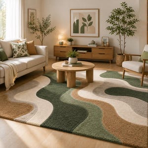 Modern Tufted Rug, Abstract Green Beige Cream Area Rug, Handmade Wave Pattern Carpet, Organic Contemporary Rug, Living Room Bedroom Decor