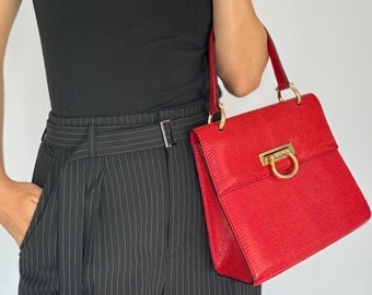 Vintage Celine Lizard Leather Box Bag: Red Gancini Handbag, Made in France
