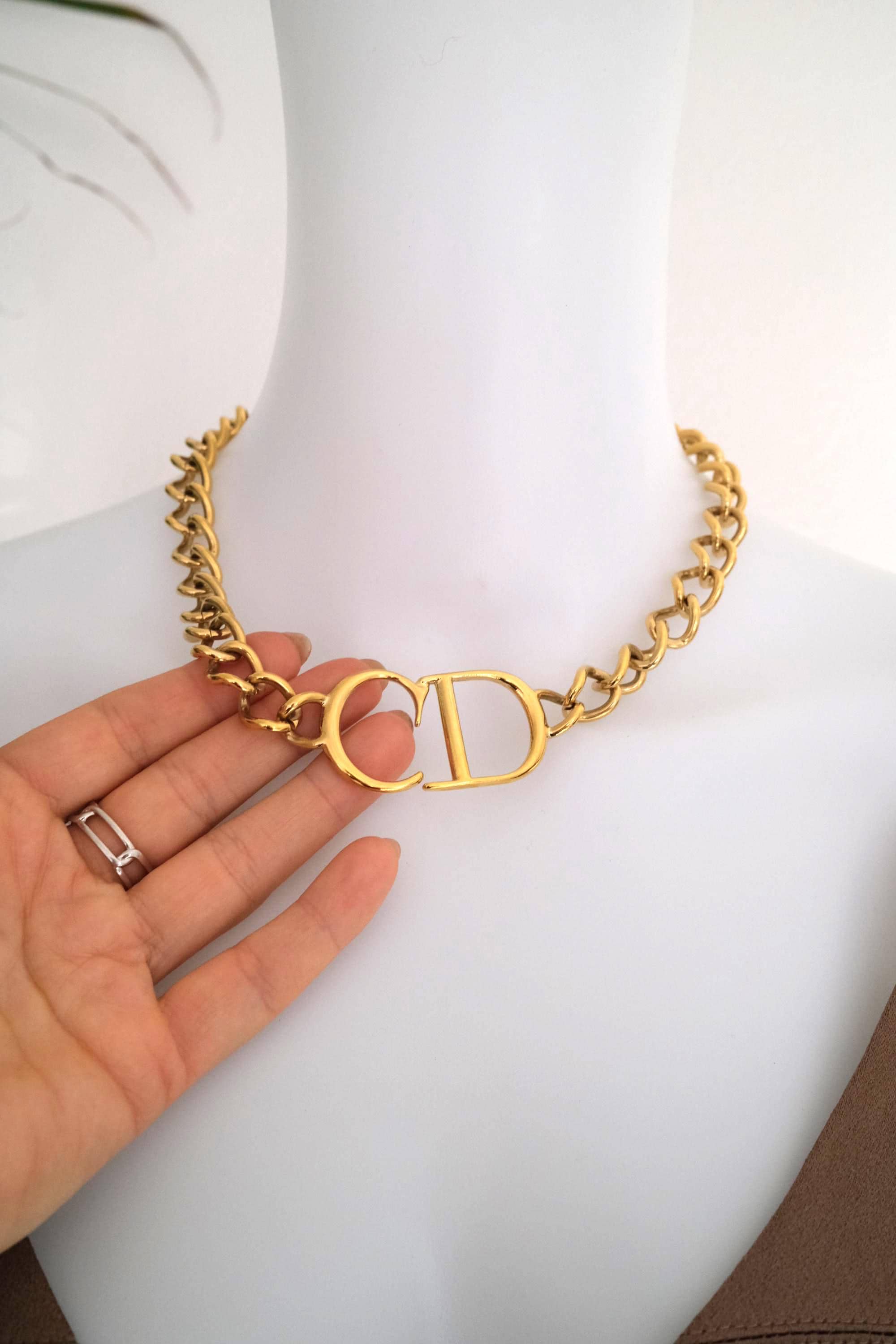 Vintage Christian Dior Gold Tone Chunky CD Choker Necklace Runway
