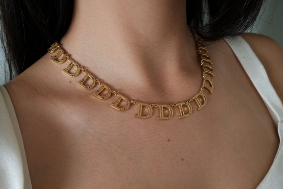 Vintage Christian Dior Necklace Chain Necklace Gold Choker Necklace Gold Charm Necklace Bridesmaid Necklace Dior CD Logo Choker Necklace