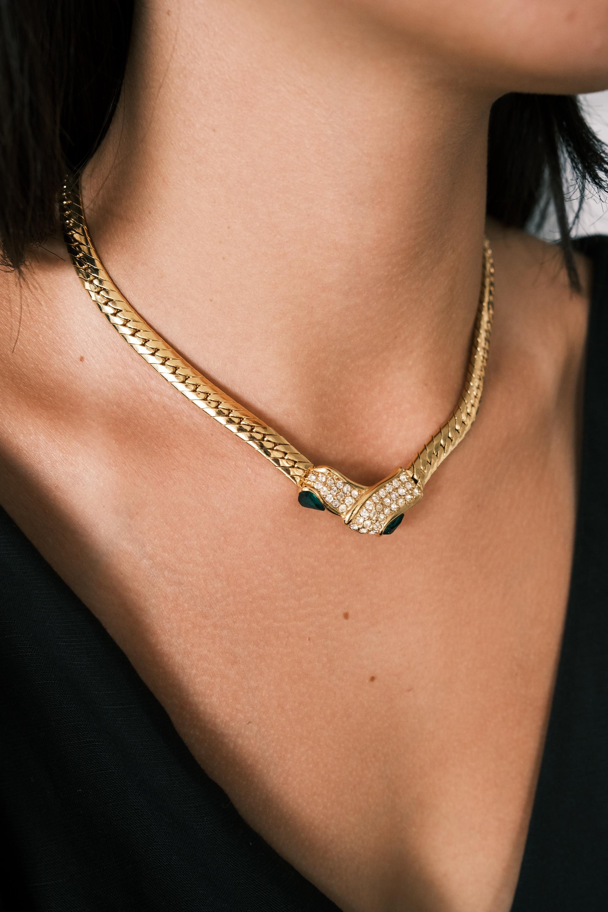 Vintage Givenchy Necklace: Gold Flat Link Chain With Crystal Pavé 