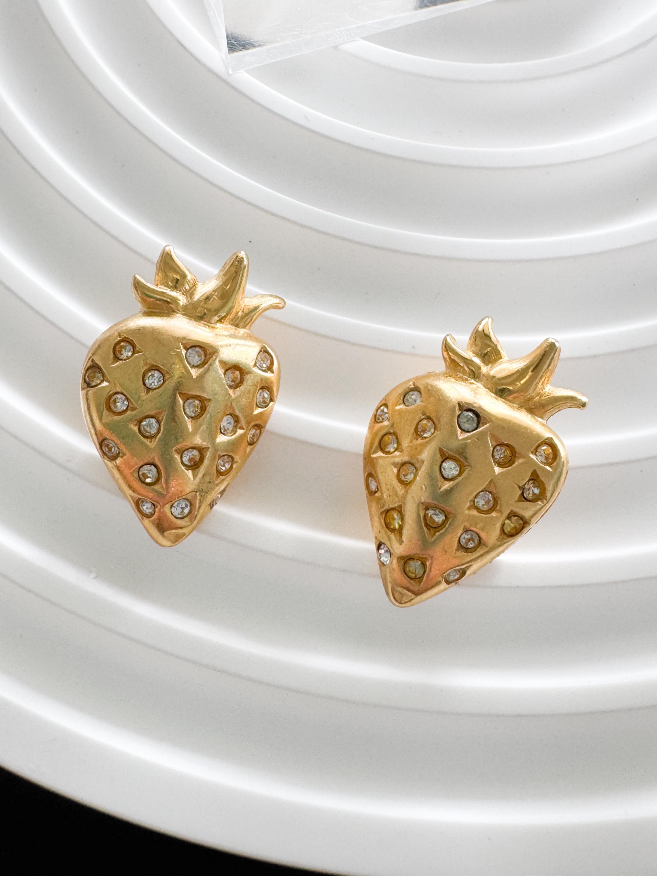 Vintage Givenchy Strawberry Clip-on Earrings: Matte Gold Crystal