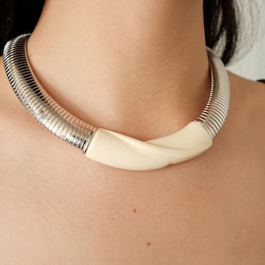 Vintage Monet Choker Necklace: Silver Tone Gaspipe Chain, White Epoxy