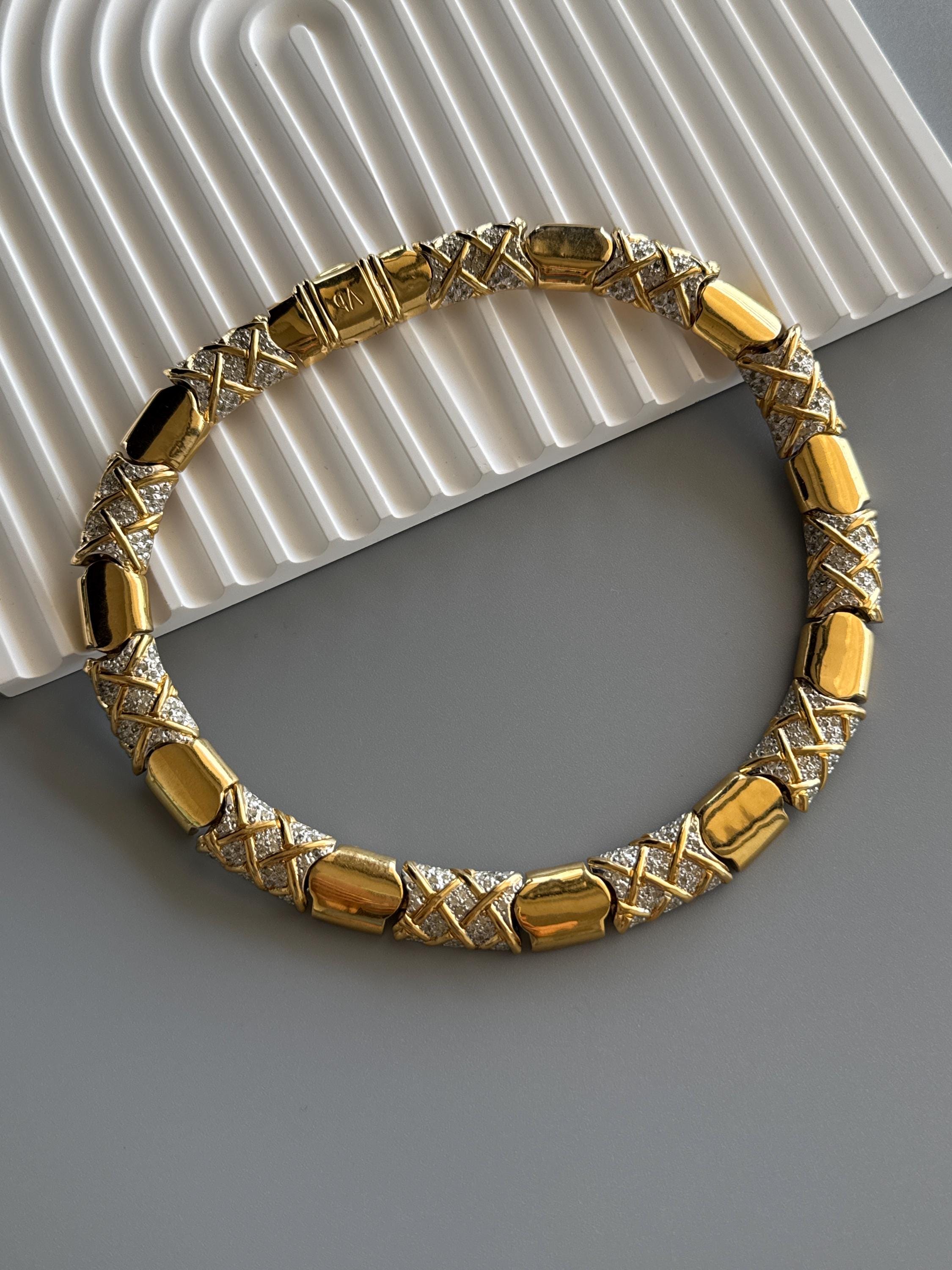 Vintage Vogue Bijoux Crystal Choker Necklace: 1980s Gold-tone