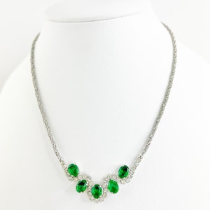 Vintage Christian Dior Emerald Green Crystal Necklace: 1980s Silver Tone Choker