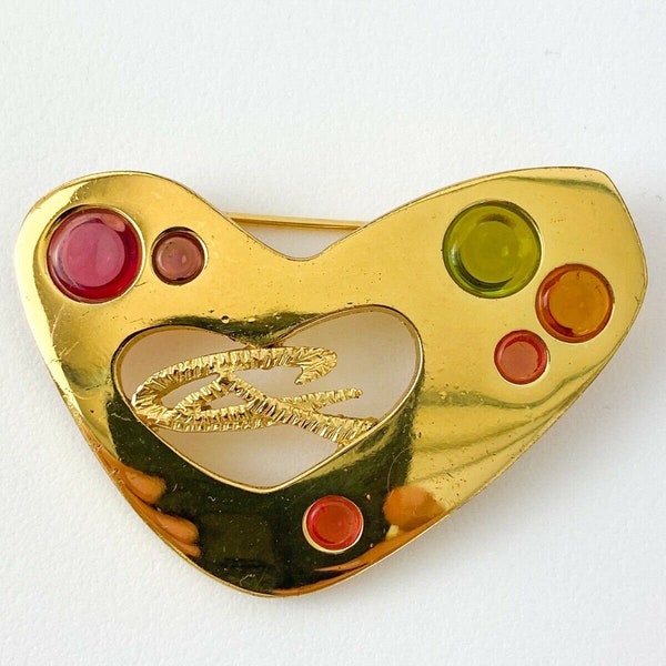 Vintage Christian Lacroix Brooch Pin, CL Logo, Made in France, Gripoix Heart Brooch Pin, Gold Filled Brooch, Jewelry Brooch, Vintage Jewelry