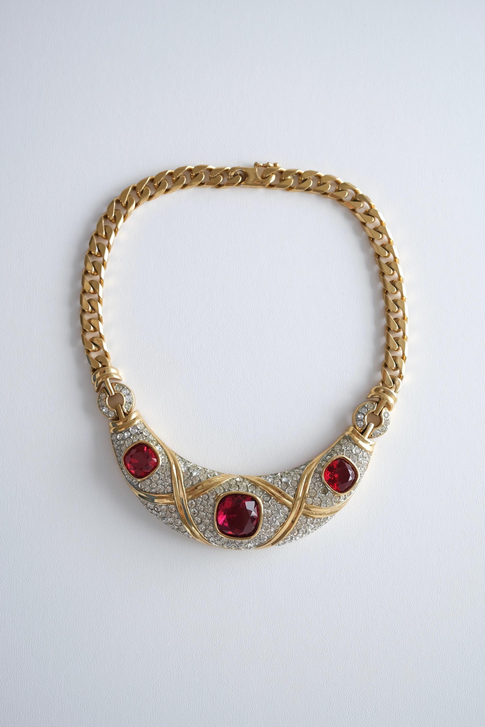 Vintage Nina Ricci Gold Tone Chunky Necklace Red Crystal Statement…